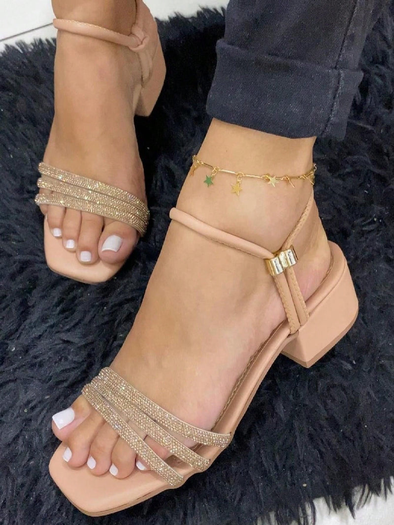 Sandalia Salto Grosso Tira Strass Lançamento Confortável sapatos feminina elegante