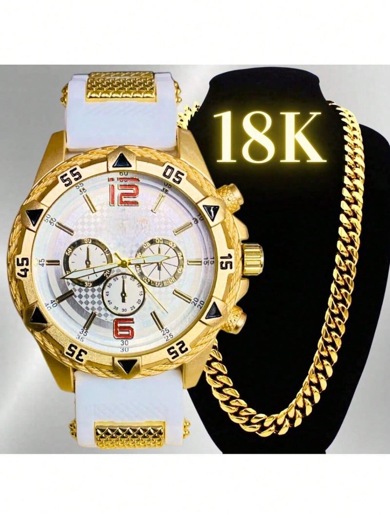 Vendedor IndicadoKit Relógio Masculino Dourado + Corrente Banhada Grossa 18K