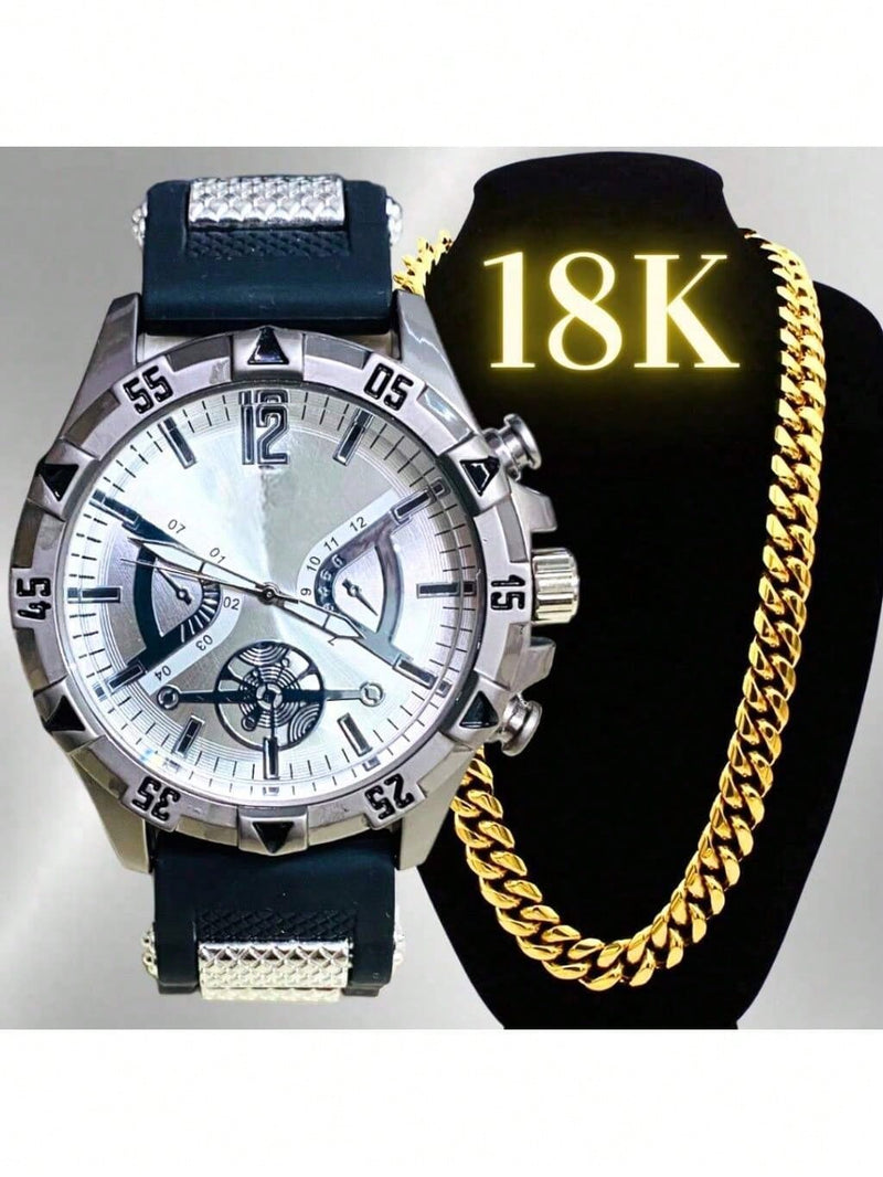Vendedor IndicadoKit Relógio Masculino Dourado + Corrente Banhada Grossa 18K