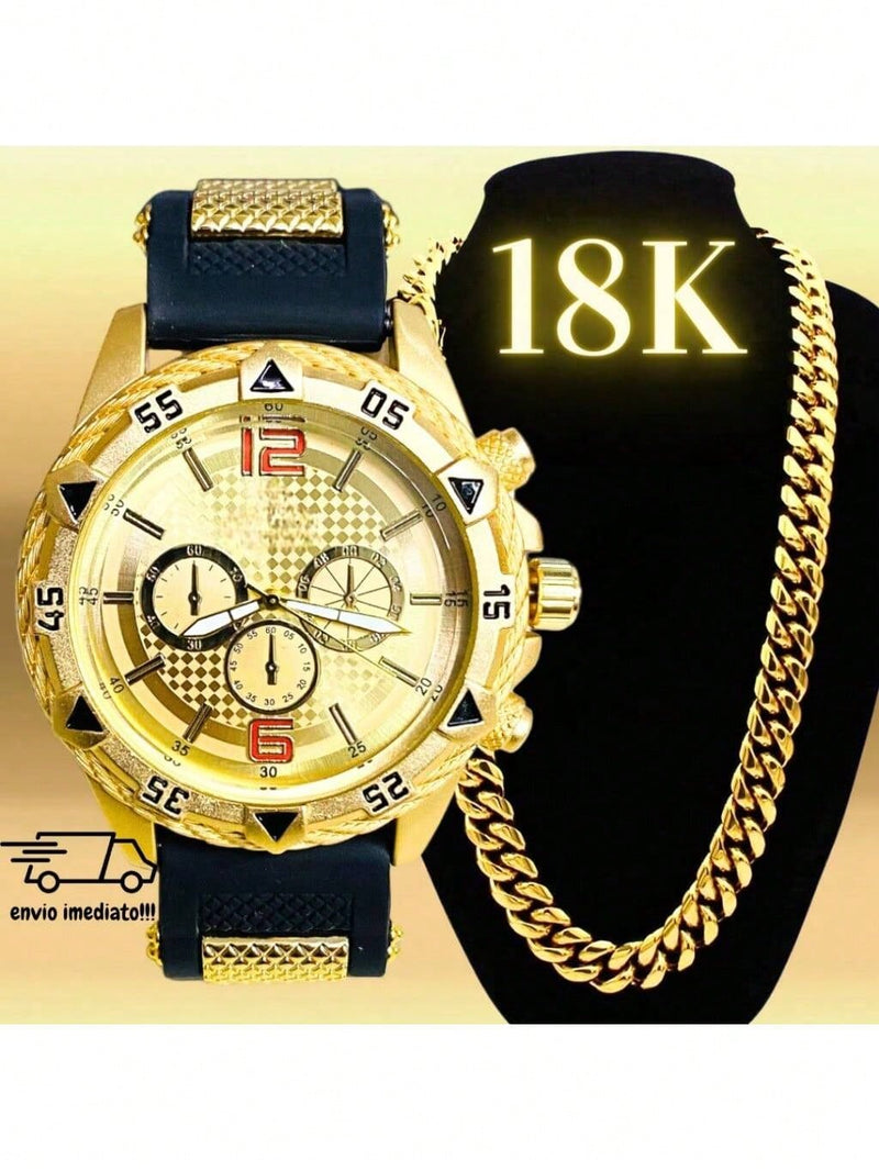 Vendedor IndicadoKit Relógio Masculino Dourado + Corrente Banhada Grossa 18K