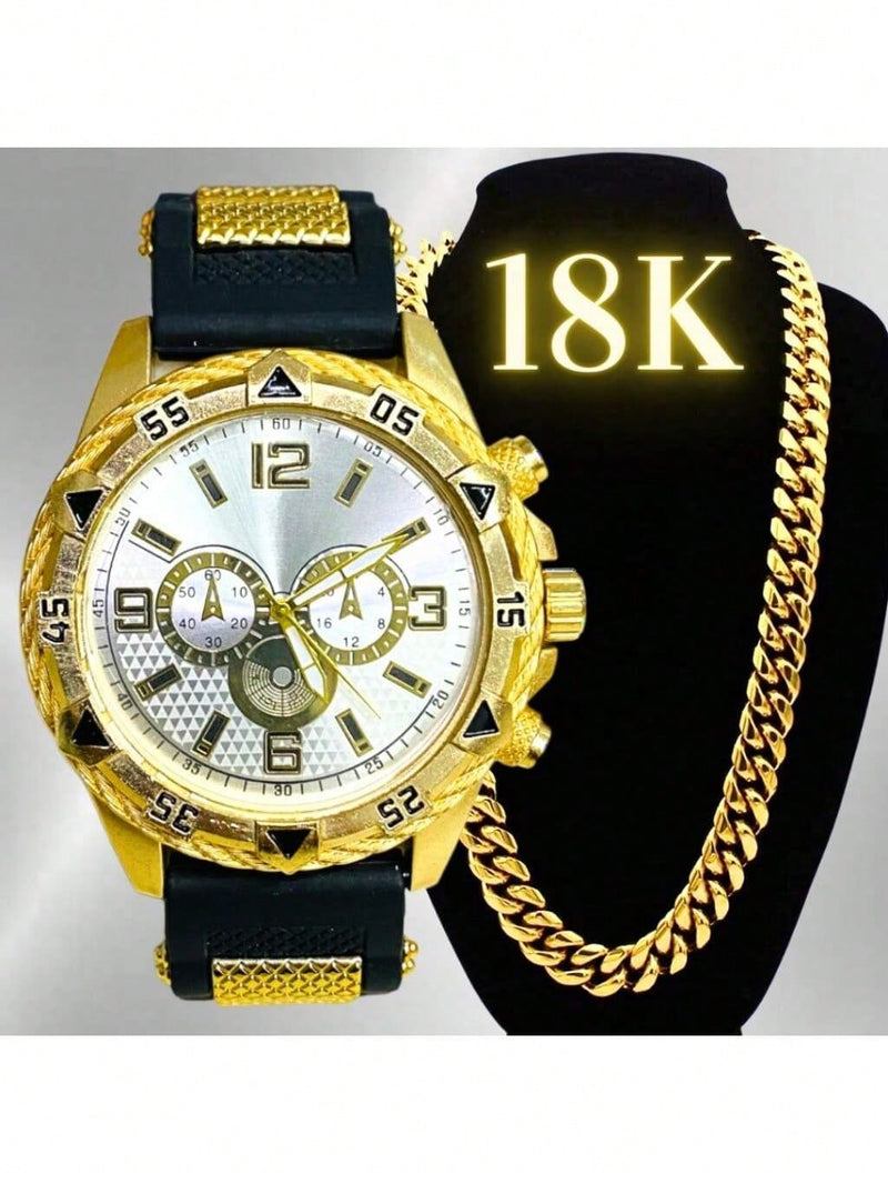 Vendedor IndicadoKit Relógio Masculino Dourado + Corrente Banhada Grossa 18K