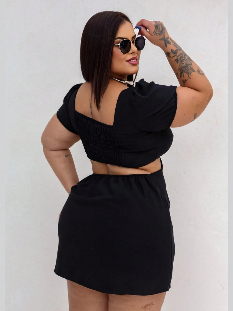 Vestido Feminino Plus Size Modelo Curto Verão Manga Princesa Romântico Primavera Verão Tecido Fresco e Confortável Tecido Duna Leve Tamanhos G1 e G2