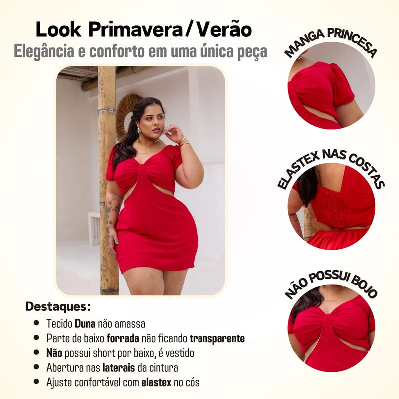Vestido Feminino Plus Size Modelo Curto Verão Manga Princesa Romântico Primavera Verão Tecido Fresco e Confortável Tecido Duna Leve Tamanhos G1 e G2