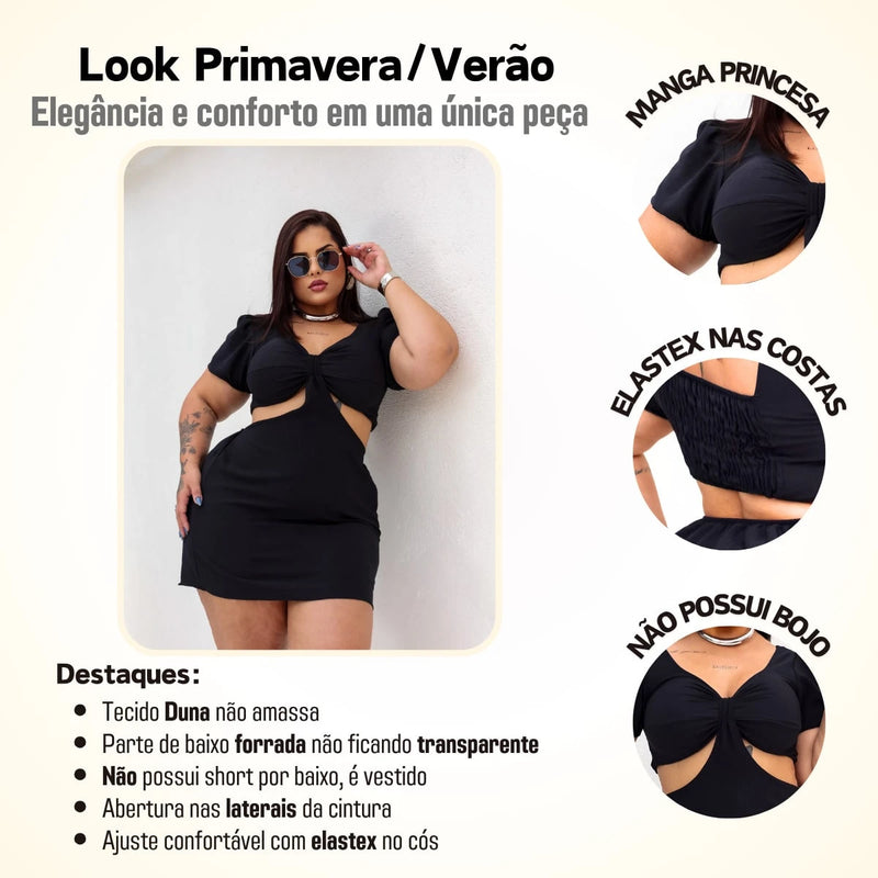 Vestido Feminino Plus Size Modelo Curto Verão Manga Princesa Romântico Primavera Verão Tecido Fresco e Confortável Tecido Duna Leve Tamanhos G1 e G2