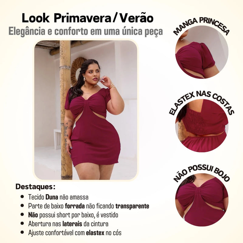 Vestido Feminino Plus Size Modelo Curto Verão Manga Princesa Romântico Primavera Verão Tecido Fresco e Confortável Tecido Duna Leve Tamanhos G1 e G2