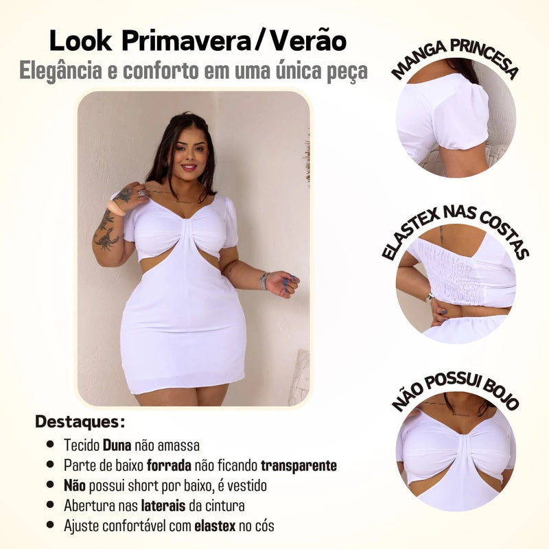 Vestido Feminino Plus Size Modelo Curto Verão Manga Princesa Romântico Primavera Verão Tecido Fresco e Confortável Tecido Duna Leve Tamanhos G1 e G2
