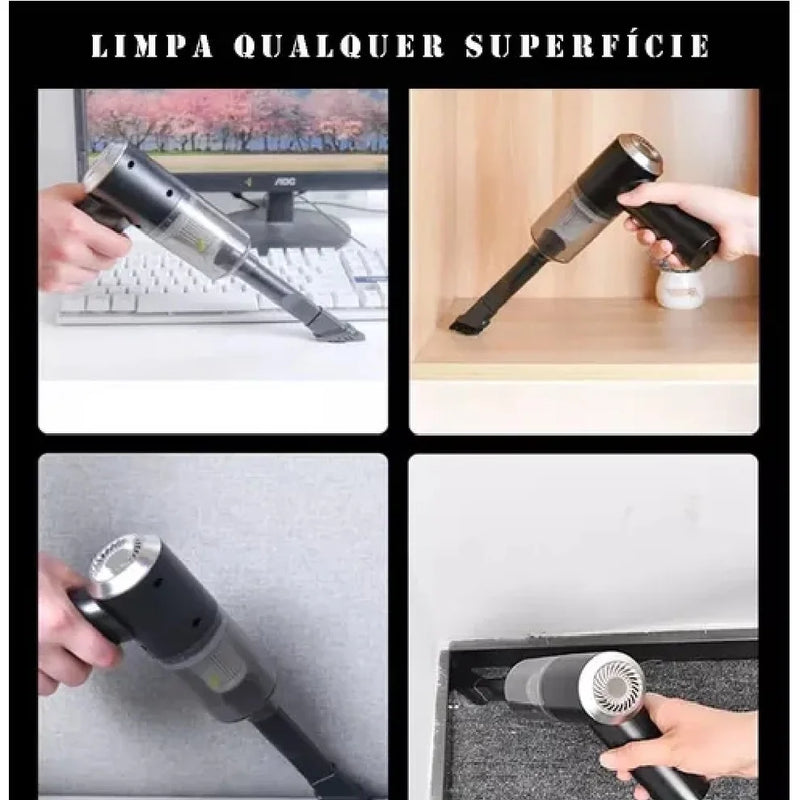 Mini Aspirador de Pó Portátil Recarregável Profissional Sem Fio de Limpeza Automotivo Carro 3 em 1 Sopro Faz Vácuo Potente e..