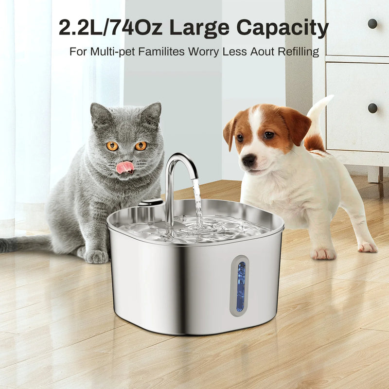 ZYFeeder 2.2L Fonte de água automática para gatos quadrada de aço inoxidável Alimentador de água para animais de estimação Fonte de água para cães com janela (sem plugue 5V 1A)