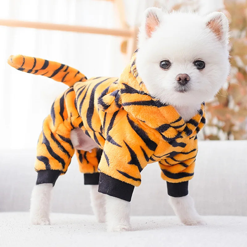 Roupas engraçadas para animais de estimação fantasia de cachorro quente de lã coral dinossauro bonito cosplay de vaca tigre para cães pequenos e médios acessórios para animais de estimação
