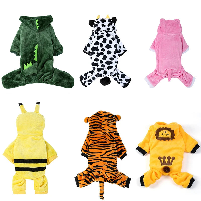 Roupas engraçadas para animais de estimação fantasia de cachorro quente de lã coral dinossauro bonito cosplay de vaca tigre para cães pequenos e médios acessórios para animais de estimação