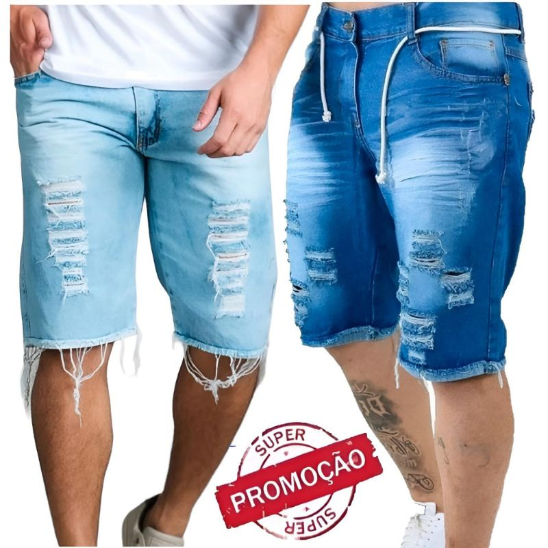 Bermudas Masculinas Jeans Com Lycra Slim Fit Rasgado Slim Lycra promoção direto da fabrica Mega
