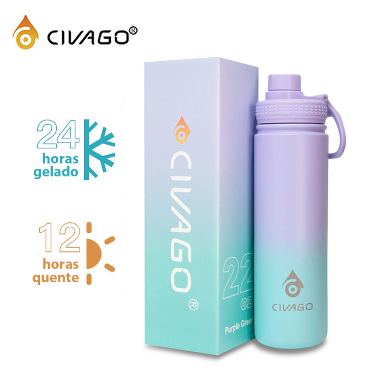 CIVAGO Garrafa Térmica Inox 560ml Tampa Vedada – Bebidas Frias 24h, Quentes 12h – Roxo Verde