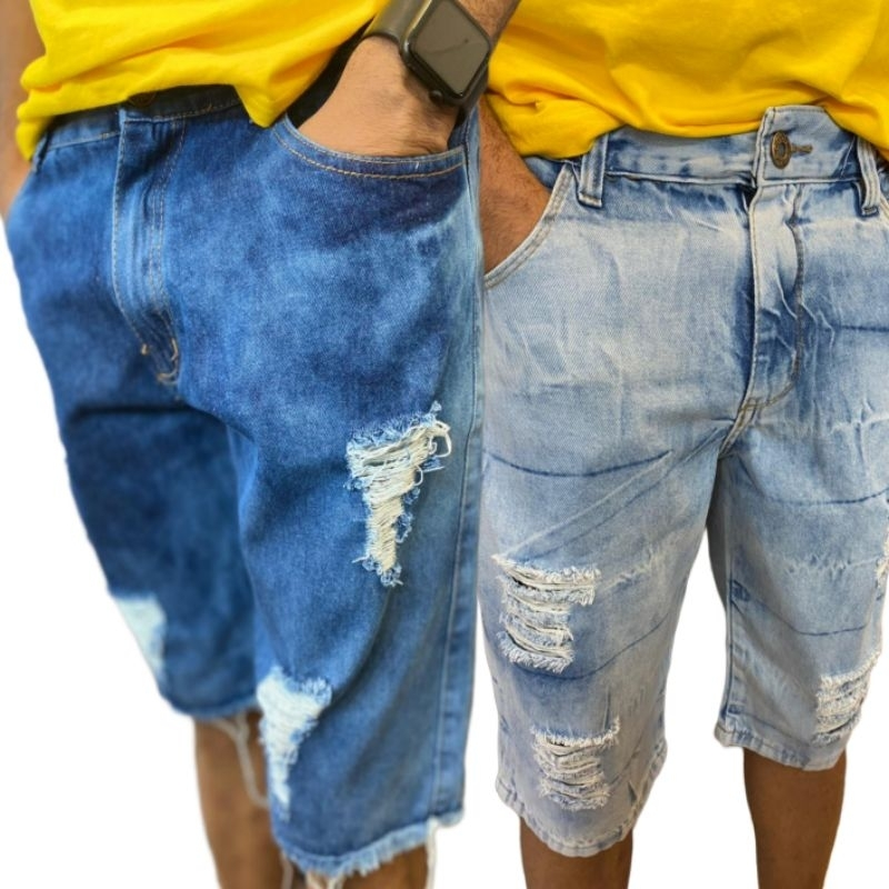 Bermudas Masculinas Jeans Com Lycra Slim Fit Rasgado Slim Lycra promoção direto da fabrica Mega