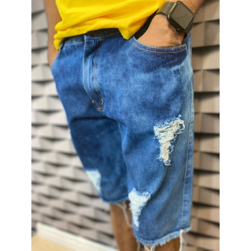 Bermudas Masculinas Jeans Com Lycra Slim Fit Rasgado Slim Lycra promoção direto da fabrica Mega