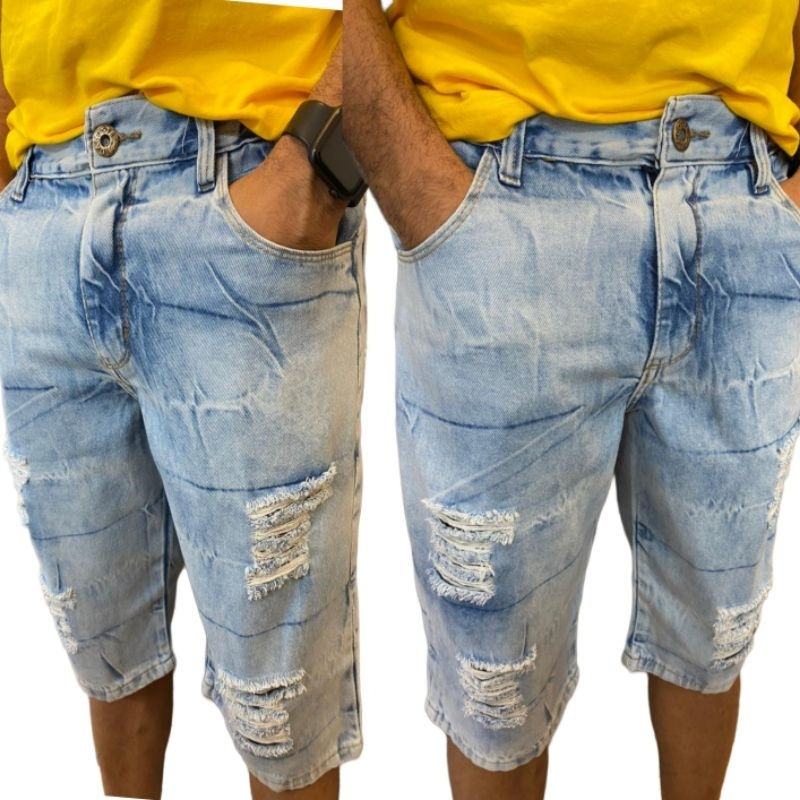 Bermudas Masculinas Jeans Com Lycra Slim Fit Rasgado Slim Lycra promoção direto da fabrica Mega