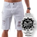 bermuda jeans masculina rasgada branca ano novo + relógio masculino original dourado e prata