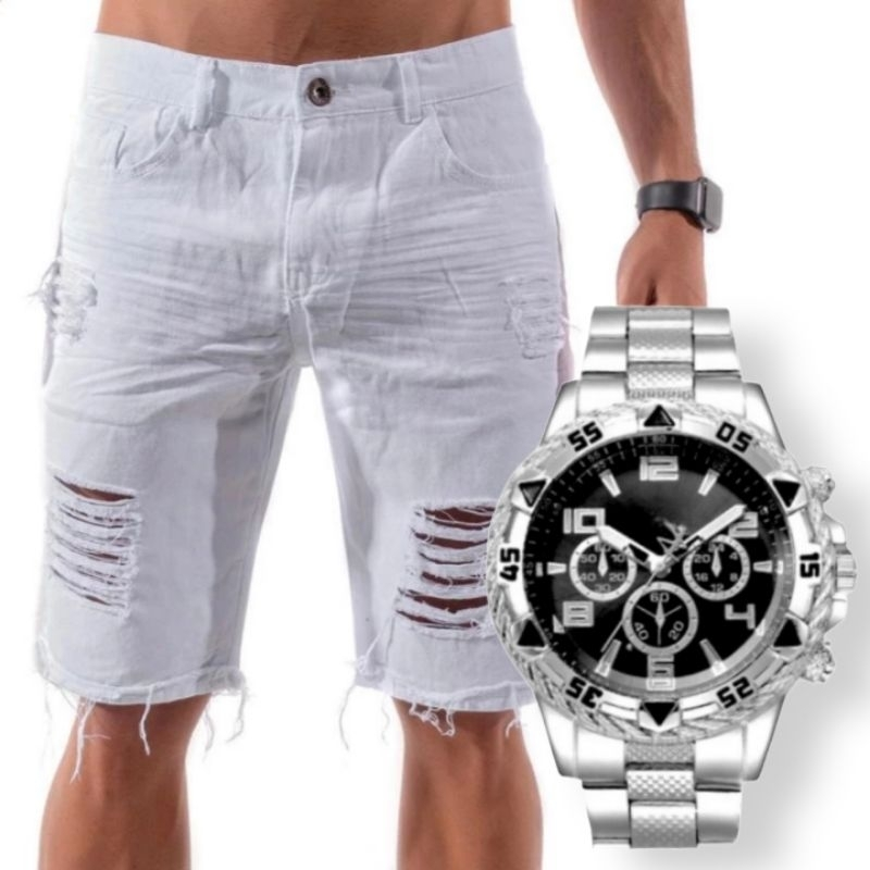 bermuda jeans masculina rasgada branca ano novo + relógio masculino original dourado e prata