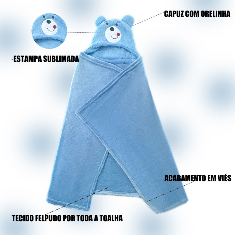 Toalha de Banho Bebê Felpuda Capuz Infantil Recém Nascido Com Orelhinha Menino e Menina 95 x 65cm