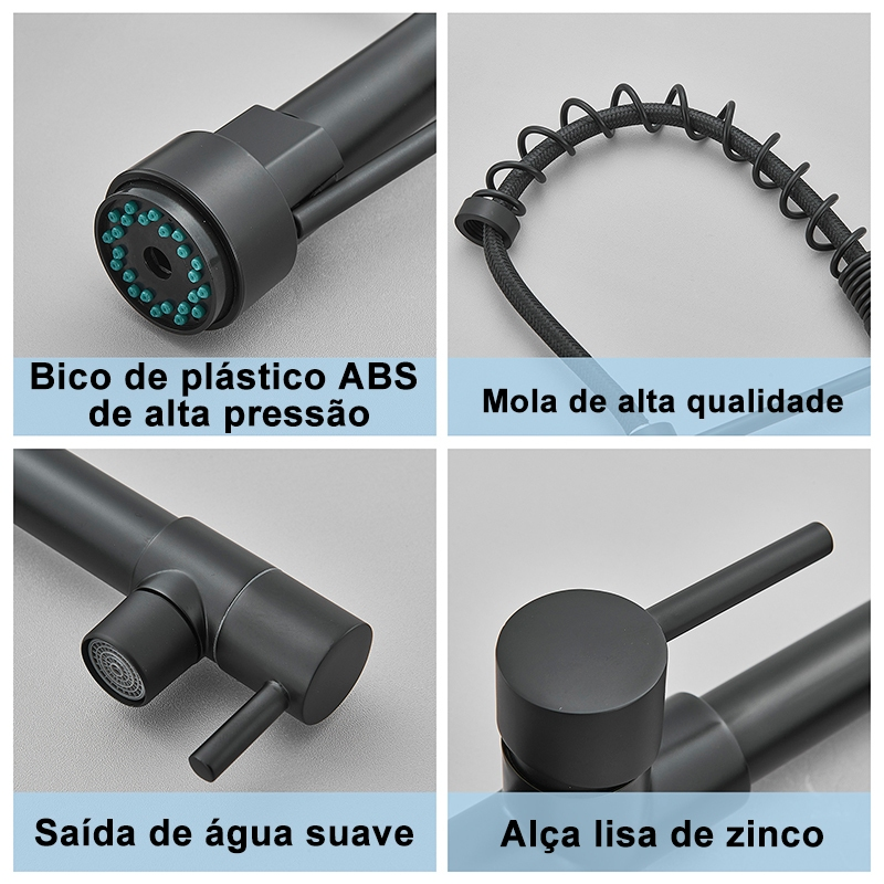 Torneira Gourmet Cozinha Monocomando Premium Preto Móvel Misturador Mono Comando com Spray Articulado