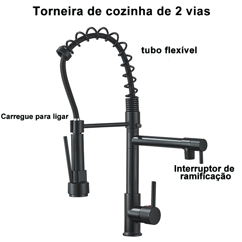 Torneira Gourmet Cozinha Monocomando Premium Preto Móvel Misturador Mono Comando com Spray Articulado