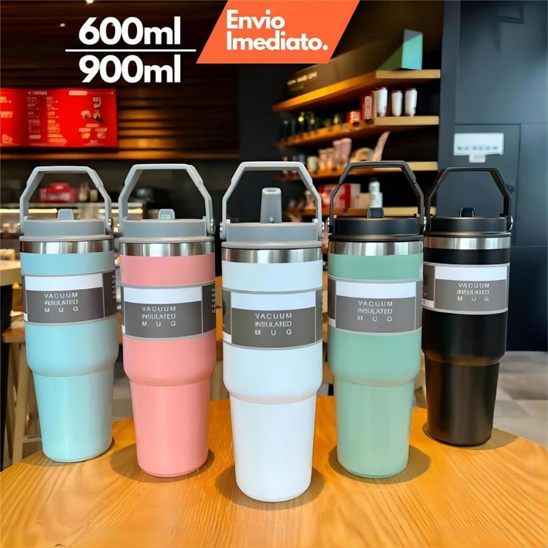 Garrafa Térmica 900ML Com Alça Flip Tumbl Aço Inoxidável Isolamento Térmico Com Canudo P/ Academia Trabalho Caminhada