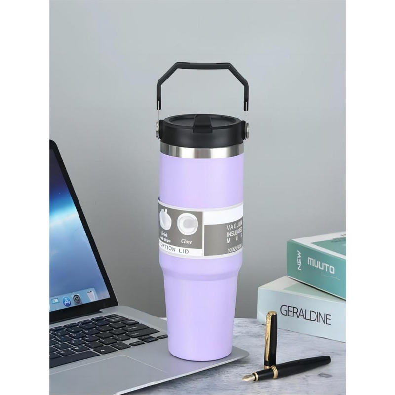 Garrafa Térmica 900ML Com Alça Flip Tumbl Aço Inoxidável Isolamento Térmico Com Canudo P/ Academia Trabalho Caminhada