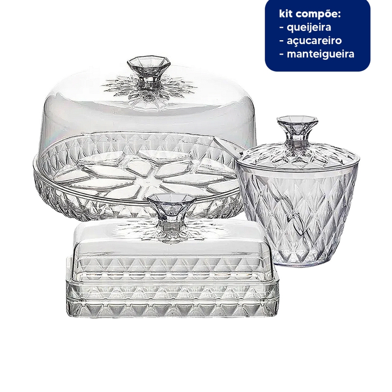 Kit Cozinha Mesa Posta Glamour Café da Manhã/Tarde Jarra Queijeira Manteigueira Açucareiro e Boleira