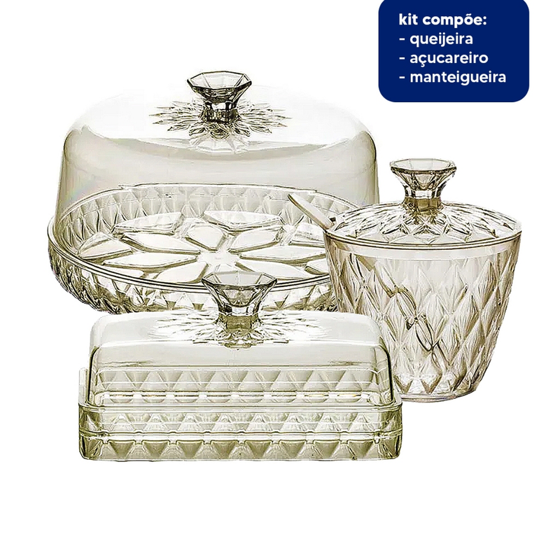 Kit Cozinha Mesa Posta Glamour Café da Manhã/Tarde Jarra Queijeira Manteigueira Açucareiro e Boleira
