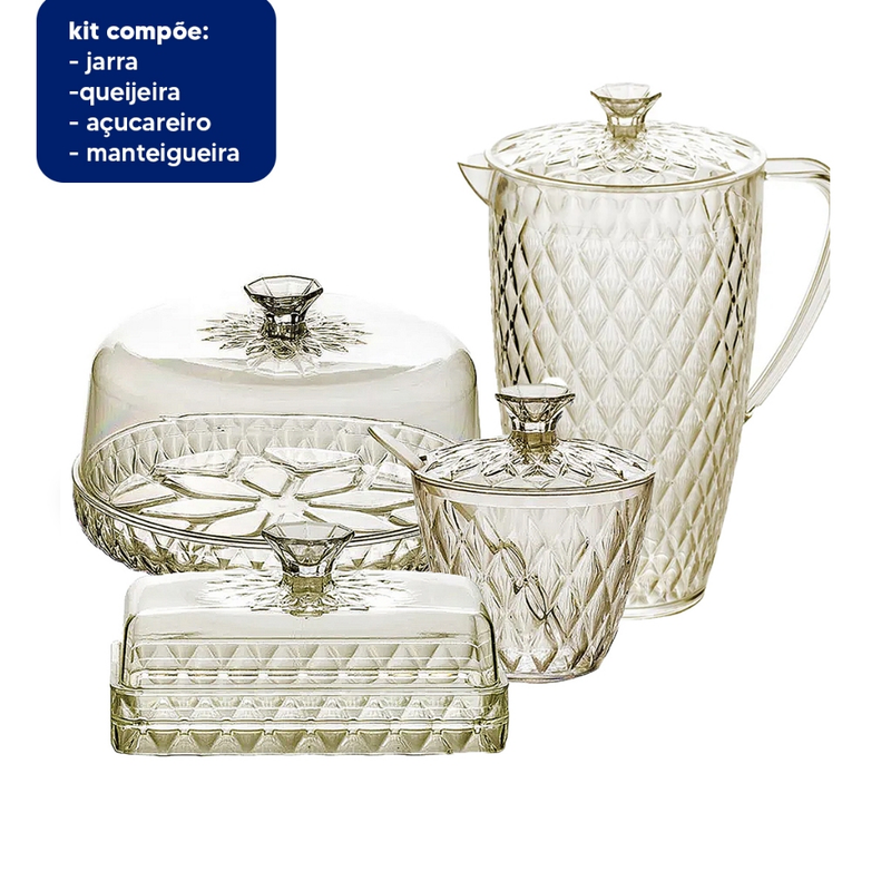 Kit Cozinha Mesa Posta Glamour Café da Manhã/Tarde Jarra Queijeira Manteigueira Açucareiro e Boleira
