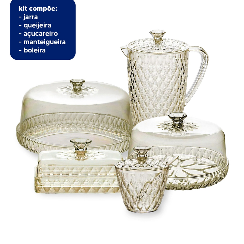 Kit Cozinha Mesa Posta Glamour Café da Manhã/Tarde Jarra Queijeira Manteigueira Açucareiro e Boleira