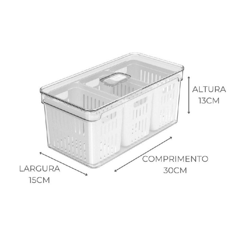 Organizador de Geladeira 5L com 3 Cestos Ou Natural Tampa Porta Frutas Legumes Vegetais Clear Fresh