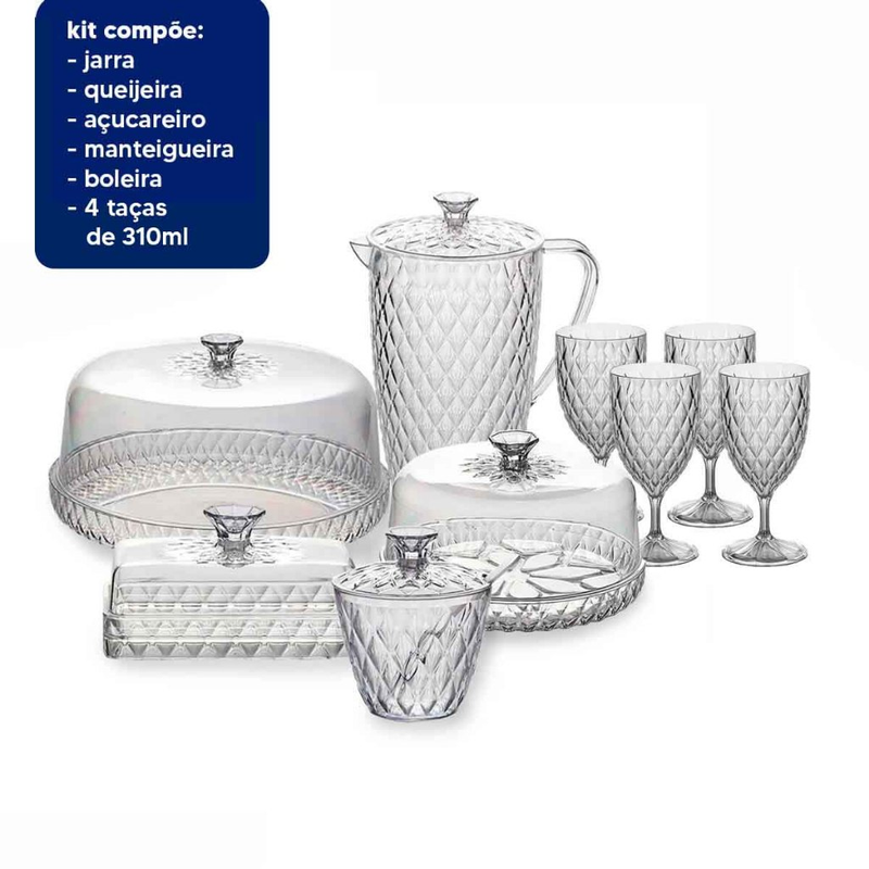Kit Cozinha Mesa Posta Glamour Café da Manhã/Tarde Jarra Queijeira Manteigueira Açucareiro e Boleira