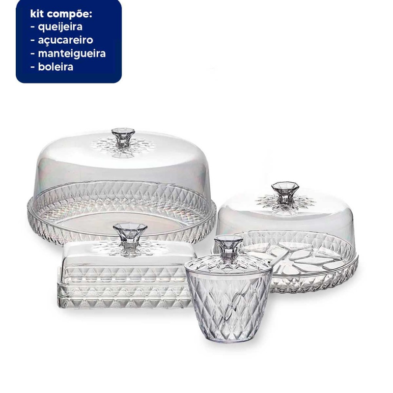 Kit Cozinha Mesa Posta Glamour Café da Manhã/Tarde Jarra Queijeira Manteigueira Açucareiro e Boleira
