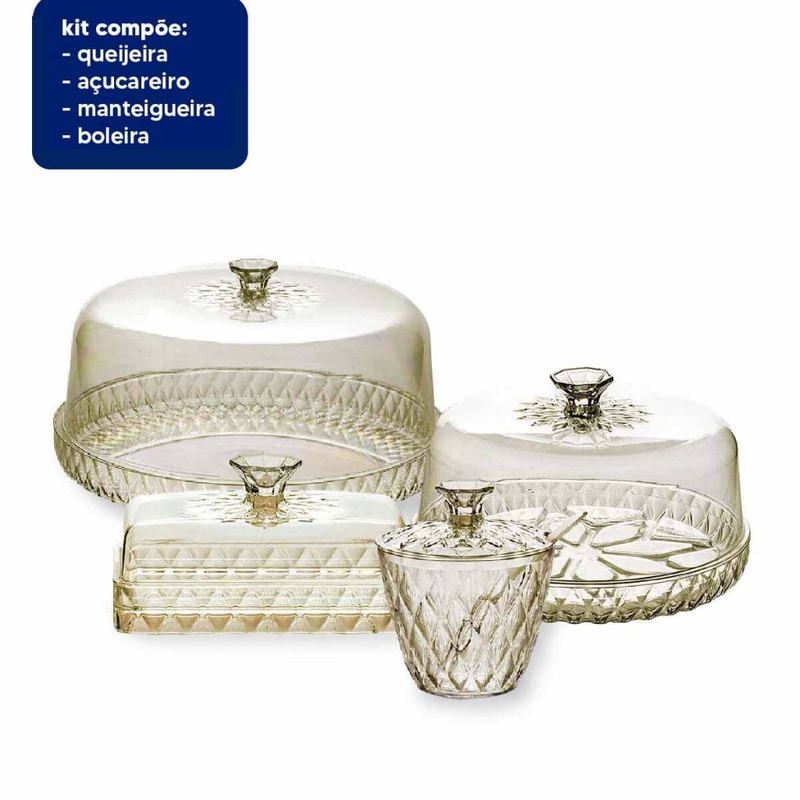 Kit Cozinha Mesa Posta Glamour Café da Manhã/Tarde Jarra Queijeira Manteigueira Açucareiro e Boleira