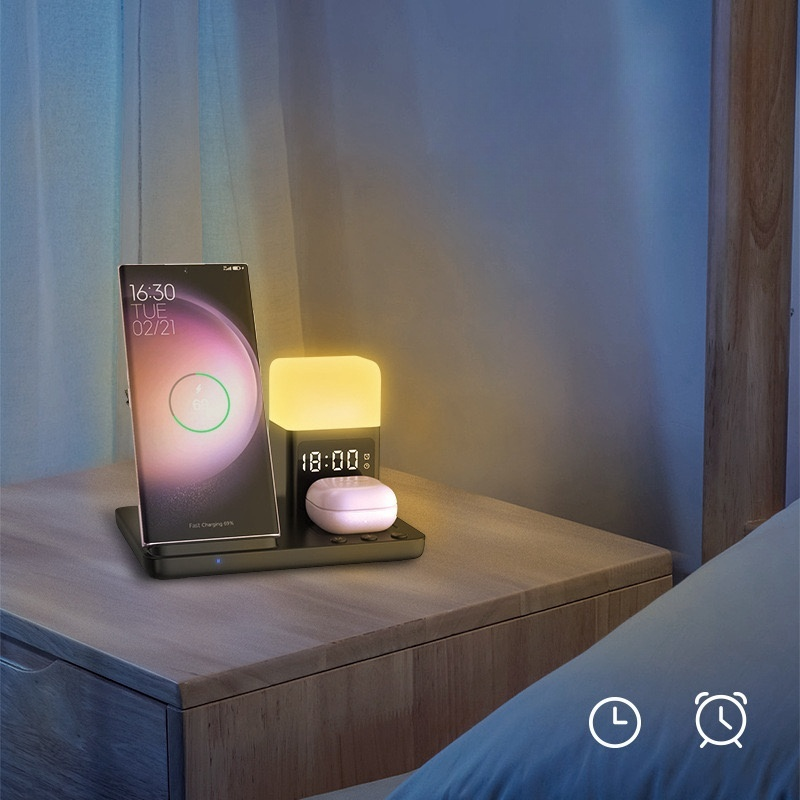 6 em 1 Carregador sem fio para celular de 15 W com funções de luz noturna de mesa e despertador