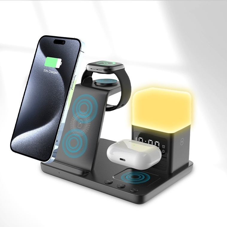 6 em 1 Carregador sem fio para celular de 15 W com funções de luz noturna de mesa e despertador