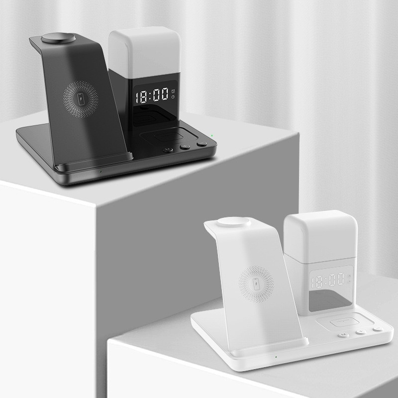 6 em 1 Carregador sem fio para celular de 15 W com funções de luz noturna de mesa e despertador