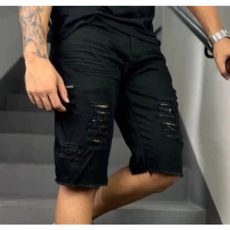 bermuda jeans masculina rasgada branca ano novo + relógio masculino original dourado e prata