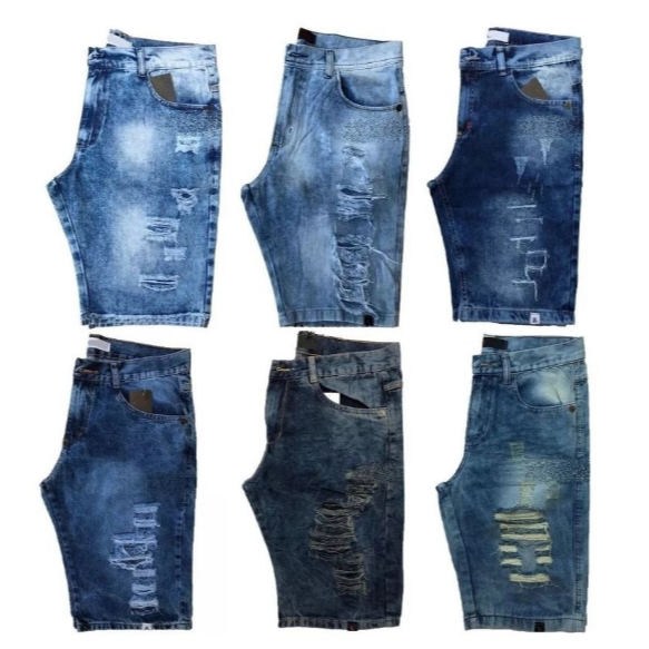 bermuda jeans masculina rasgada branca ano novo + relógio masculino original dourado e prata