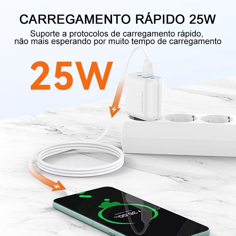 H'maston Y24 Carregador Turbo 25w Fonte Torre Carregar Portátil 2 Usb 5.1A Com Cabo Usb V8.IPhone.Tipo-c