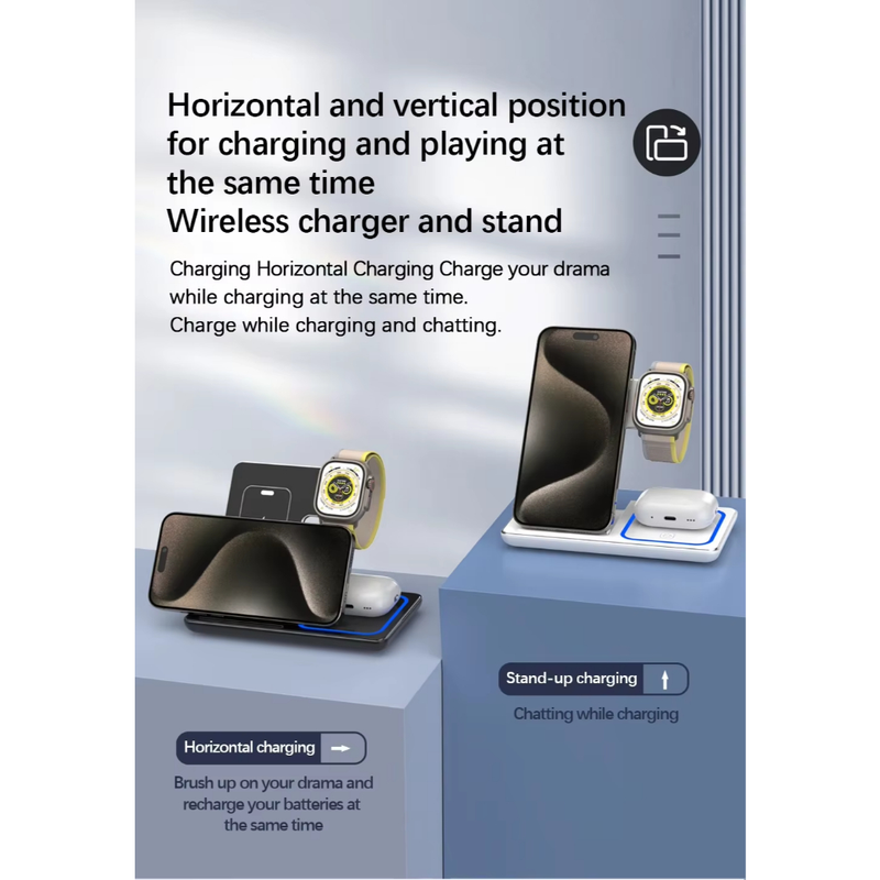 Carregador Sem Fio iPhone Apple Watch AirPods Indução 3 Em 1 Cor Preto e Branco Carregador 3 em 1 Aparelhos Apple