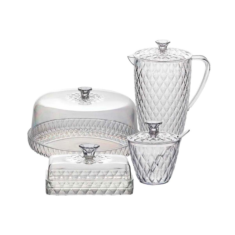 Kit Cozinha Mesa Posta Glamour Café da Manhã/Tarde Jarra Queijeira Manteigueira Açucareiro e Boleira