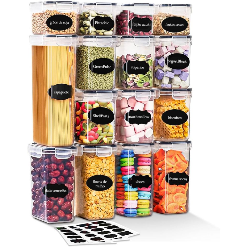 Kit 15 Potes Herméticos Mantimentos Quadrado Cozinha Tampa Trava Recipientes De Organização Luvinco
