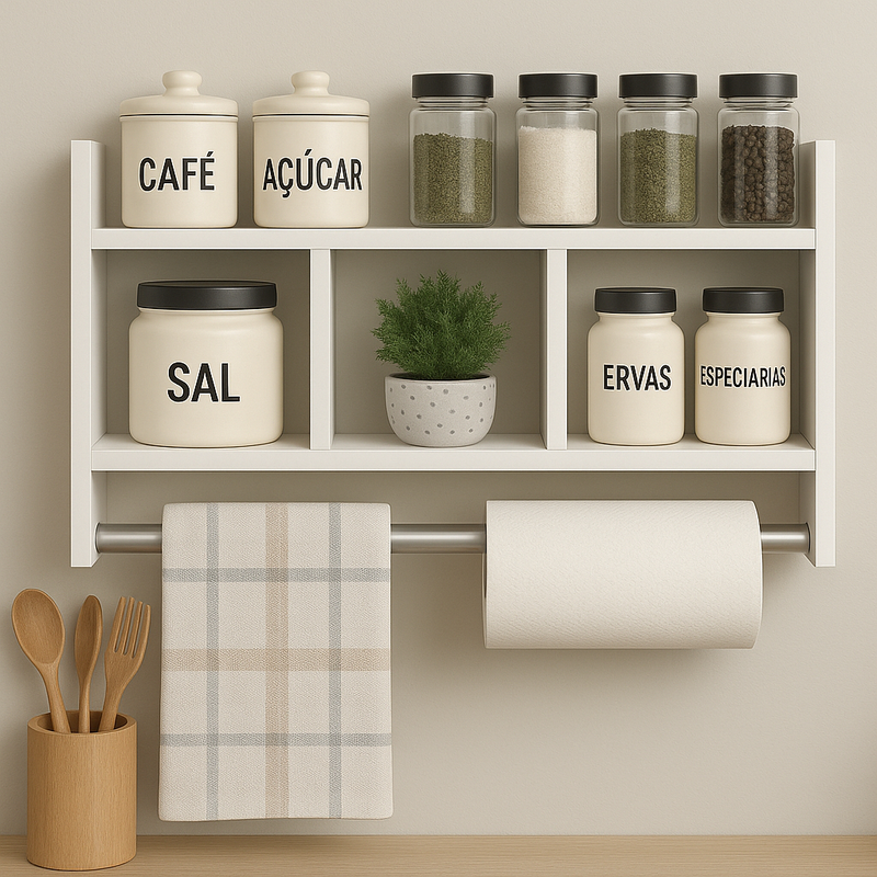 Nicho Porta Papel Toalha e Condimentos Potes Cozinha Banheiro 100% MDF BRANCO TX 15mm Tubo Metal Montado