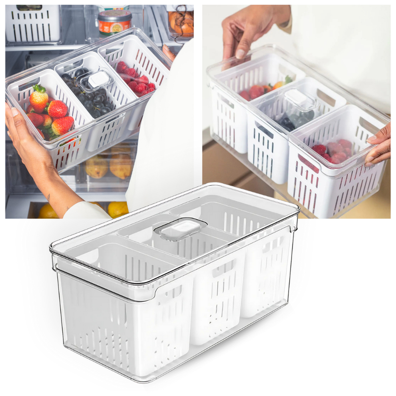 Organizador de Geladeira 5L com 3 Cestos Ou Natural Tampa Porta Frutas Legumes Vegetais Clear Fresh