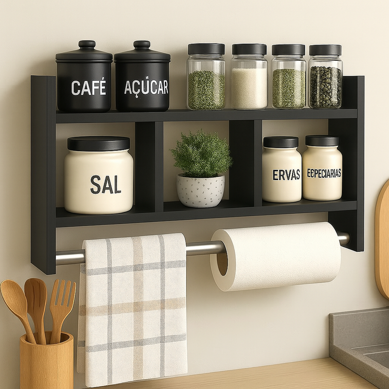 Nicho Porta Papel Toalha e Condimentos Potes Cozinha Banheiro 100% MDF BRANCO TX 15mm Tubo Metal Montado