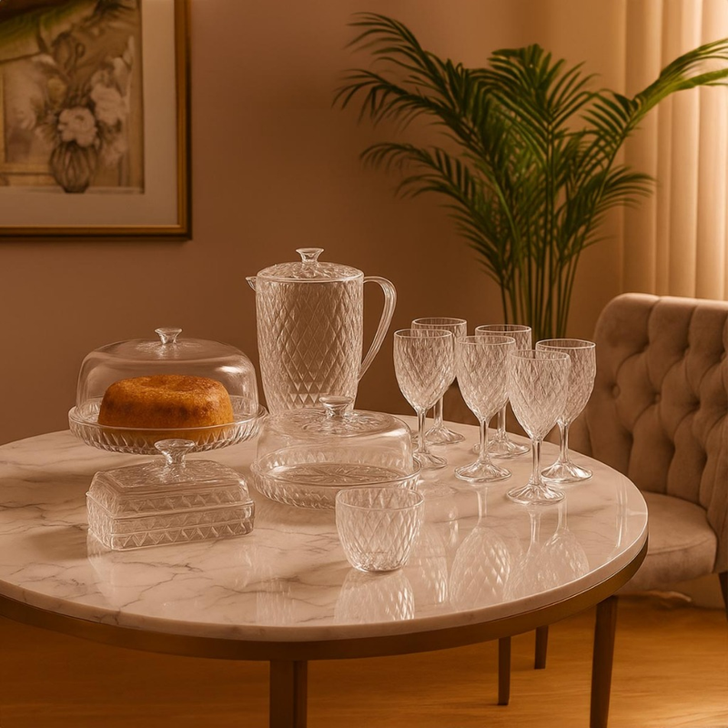 Kit Cozinha Mesa Posta Glamour Café da Manhã/Tarde Jarra Queijeira Manteigueira Açucareiro e Boleira