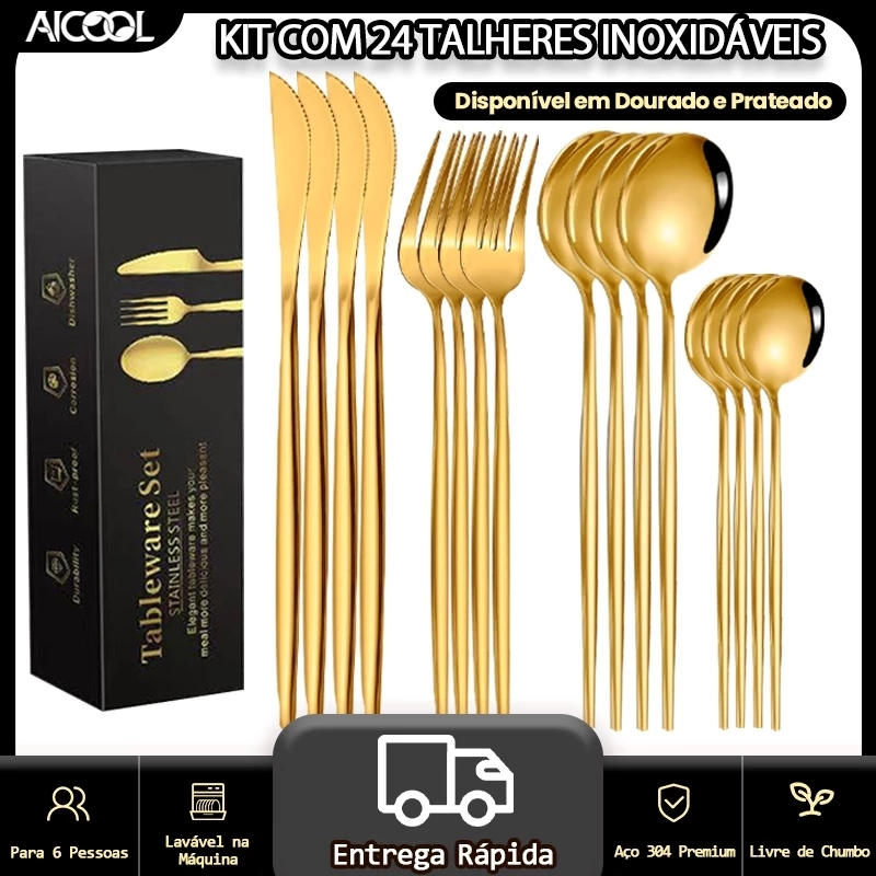 AICOOL 24 Kit Jogo De Talheres Inoxidável 416 Suprimentos De Cozinha Talheres de Dourados Talheres