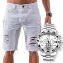 bermuda jeans masculina rasgada branca ano novo + relógio masculino original dourado e prata