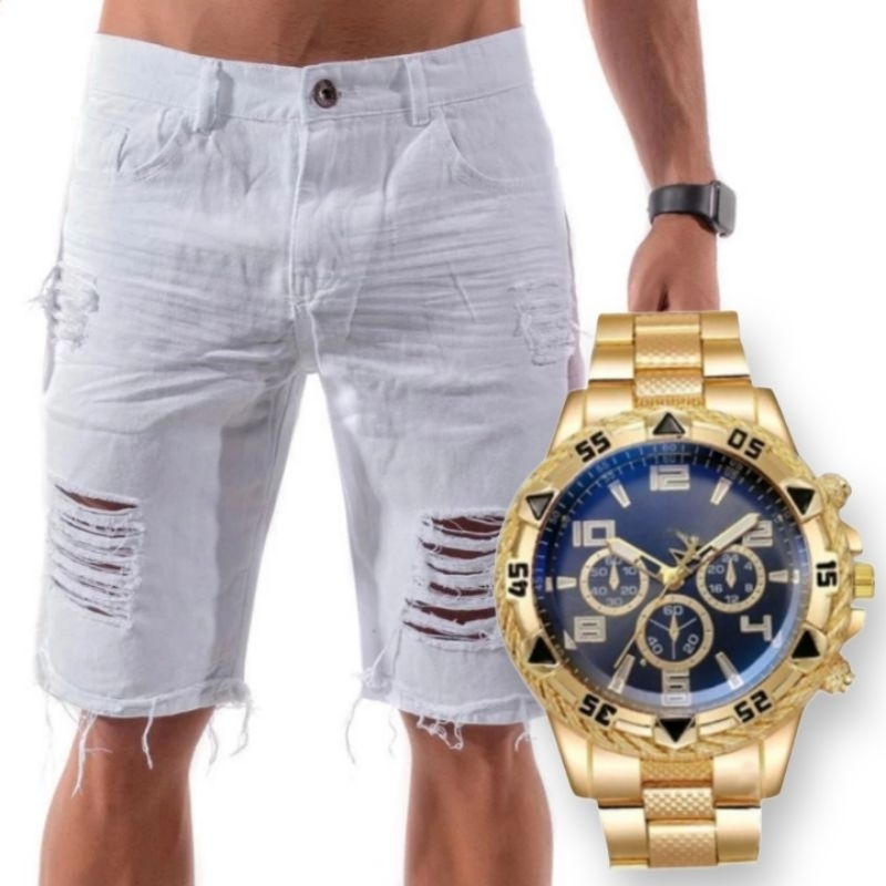 bermuda jeans masculina rasgada branca ano novo + relógio masculino original dourado e prata